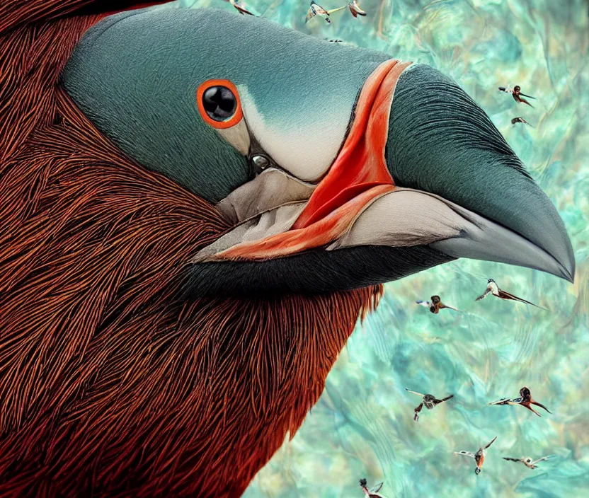 Image similar to a realistic photo of a semi - translucent creature made of birds, creature wrinkles feathers exotic morphing hoopoe, pheasant skin merged sky animal, atlantic puffin, turaco morphing chicken, clear, global illumination, refraction, king vulture head, displacement map, bump map, normal map