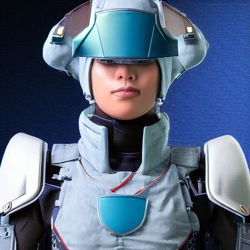 Image similar to a futuristic soldier captain with a ballistic visor and a blue shoulderpad in anime style