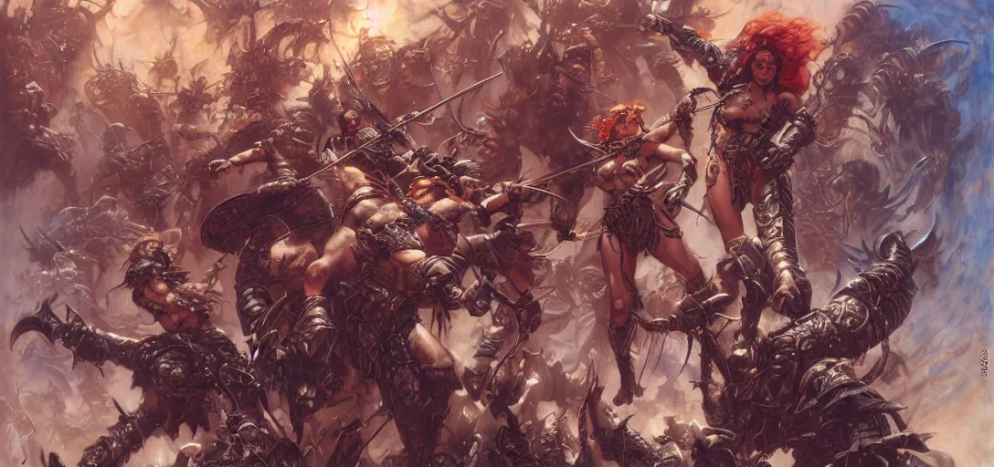 Prompt: art by donato giancola and bayard wu and gustav moreau and wayne barlowe and frank frazetta and boris vallejo, a fantasy cinematic shot of a sexy beautiful barbarian woman, fighting, warhammer, dnd, fighting monsters, movie still, 8 k hdr 8 0 mm