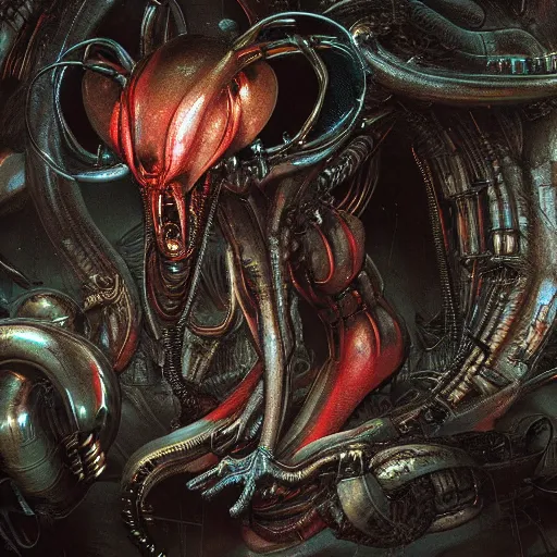 Prompt: mickey mouse xenomorph chimera lurking in dark room, wet dripping, mickey mouse ears, designed by h. r. giger, highly intricate detailed 8 k ultrarealistic octane render by artgerm and rutkowski and beksinski and mucha