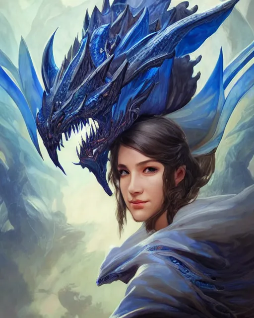 Image similar to Portrait of a Fantasy azure dragon hunter, HD, illustration, epic, D&D, fantasy, intricate, elegant, highly detailed, digital painting, artstation, concept art, smooth, sharp focus, illustration, art by artgerm and greg rutkowski and alphonse mucha, monster hunter illustrations art book