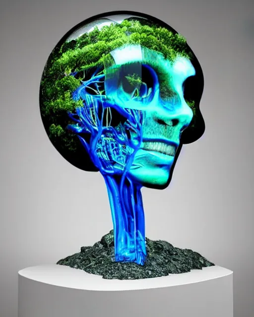 Prompt: 3 d render, photoreal, hyperreal, photorealistic, hyper - realistic, 3 d, octane render, 8 k, bonsai tree inside of the glass skull with profile picture by luis toledo and alex grey and beeple. neo - surrealism. digital art, pixel art, concept art, octane render, trending on cgsociety, trending on artstation