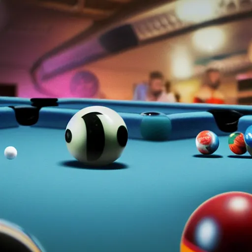 Image similar to planets of the galaxy as pool balls with pool balls containing galaxies and stars on a pool table with aliens holding pool sticks and drinking alien drinks movie still, cinematic, photorealistic, extreme detail, sharp focus, 8 k, intricate, hyper detailed, realistic, cinematic lighting