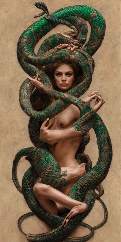 Prompt: epic masterpiece portrait of a snake tattooed gymnast, followed by heads with many souls, beautiful face and flawless skin, perfect hands, emeralds by Edgar Maxence and Ross Tran and Michael Whelan