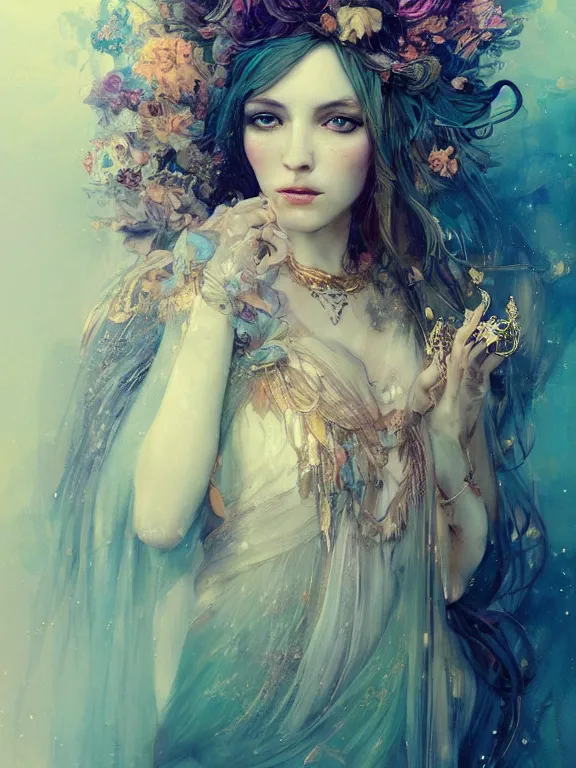 Prompt: Full view Bohemian Maiden goddess of the woods in beautiful dress, 4k digital illustration by Ruan Jia and Alberto Seveso, art nouveau iconography background, stunning portrait, amazing magnificent mystical illustration, award winning art, gold details, rim light, tarot card, intricate details, realistic, full view, Artstation, CGsociety