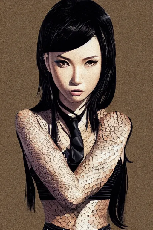 Image similar to yakuza slim girl, gold suit jacket in snake print, jacket over bare torso, yakuza tattoo on body, black short curtain haircut, black leather pants with black belt, portrait, elegant, 2d, ultra highly detailed, digital painting, smooth, sharp focus, artstation, art by Ilya Kuvshinov, rossdraws