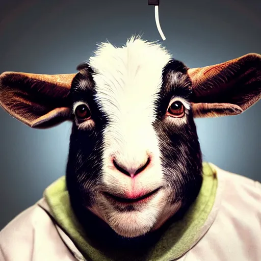 Image similar to andy milonakis as a goat, goat body, human head, anthropomorphic, 4 k, photorealistc, high details