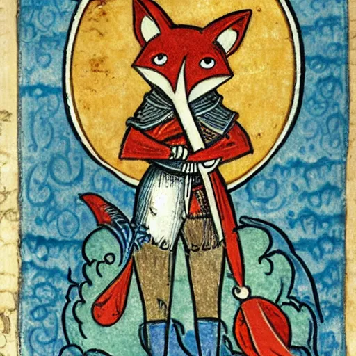 Prompt: anthropomorphic fox who is a medieval knight standing steadfast towards a stormy ocean, illuminated manuscript