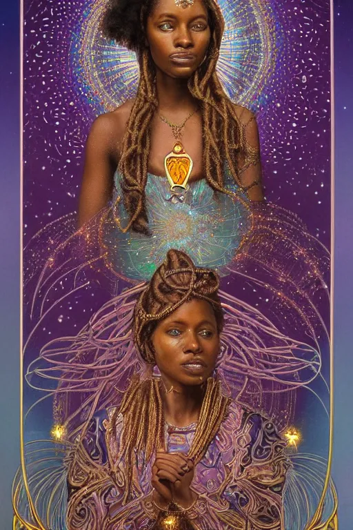 Image similar to beautiful, iridescent, and refined engraved fractal tarot card featuring an ornate, realistic, and regal high key studio anaglyph full body portrait of an attractive young kenyan princess with beaded dreadlocks in front of a brilliant nebula by Eric Lafforgue, by mucha and mohrbacher, by Dan Mumford, by Jim Fitzpatrick, featured on deviant art, trending on artstation