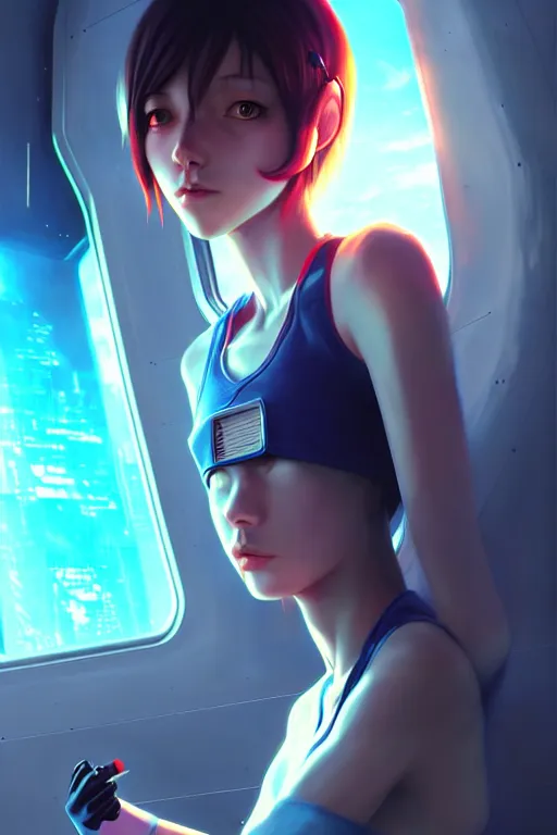 Image similar to a young, slender girl, girl in spaceship, engineering bay, photo realistic, dynamic lighting, artstation, poster, volumetric lighting, 4 k, award winning, a detailed painting by ross tran hyperdetalized, anime | 2 d game art | official art, smooth, cyberpunk, tech