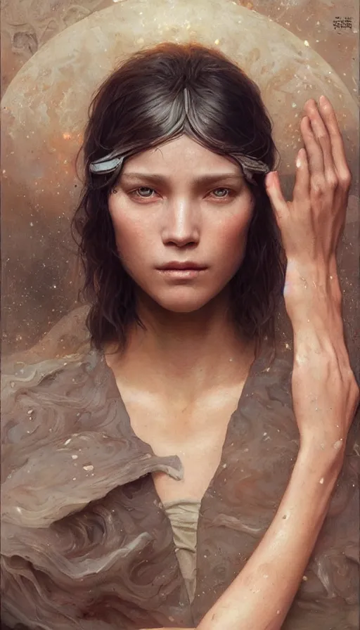 Prompt: epic masterpiece portrait star wars lady, sweaty skin, hyperrealistic, octane render, cinematic, beautiful face and flawless skin, perfect hands, 5 fingers, by Edgar Maxence and Ross Tran and Michael Whelan, Legends of Runeterra