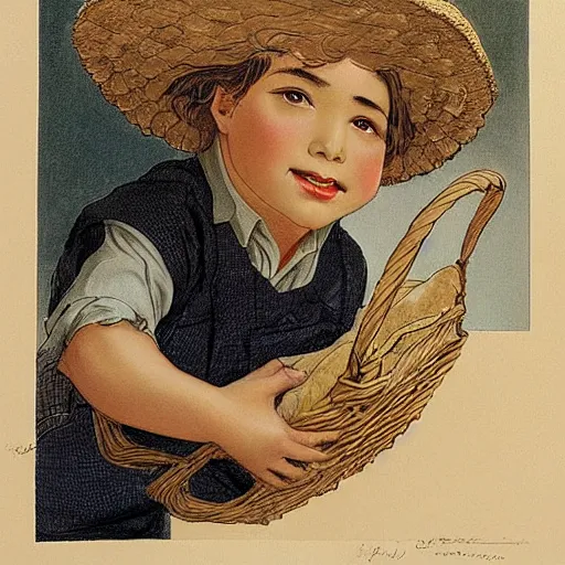 Image similar to a boy with long black curly hair, round face holding a loaf of bread in a basket. By JC Leyendecker. By Yasunari ikenaga .