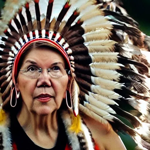 Image similar to the american indian elizabeth warren in a war bonnet lamenting to the the fake news press she is not a man