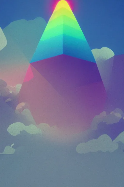 Image similar to geometric 3 d render, soft bright pastel, rainbow fireball in the middle, mountains surrounding, rule of thirds