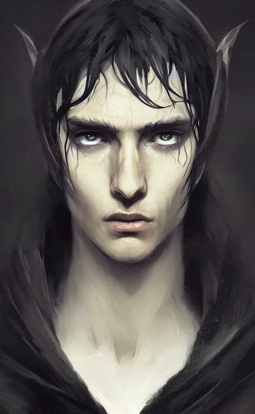 Image similar to Portrait of an elf in a black cloak, black hair, glowing eyes, male, detailed face, fantasy, highly detailed, cinematic lighting, digital art painting by greg rutkowski