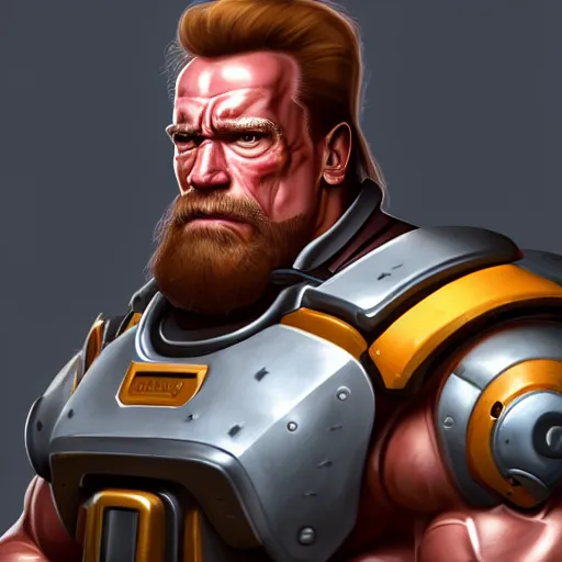 Prompt: a screenshot of arnold schwarzenegger as torbjorn working on his turret in overwatch, portrait, fantasy, beautiful face, vivid colors, elegant, concept art, sharp focus, digital art, hyper - realistic, 4 k, unreal engine, highly detailed, hd, dramatic lighting by brom, trending on artstation