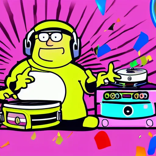 Image similar to svg sticker of a Family-Guy Peter-Griffin at a rave, spinning records, giant headphones rocking out, wearing headphones, huge speakers, dancing, rave, DJ, spinning records, digital art, amazing composition, rule-of-thirds, award-winning, trending on artstation, featured on deviantart