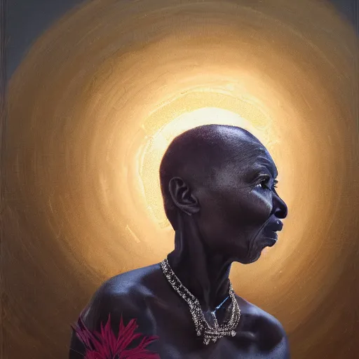 Prompt: a painting of a elegant wise elder from Kenya by Kehinde Wiley . dramatic angle, ethereal lights, details, smooth, sharp focus, illustration, realistic, cinematic, artstation, award winning, rgb , unreal engine, octane render, cinematic light, macro, depth of field, blur, red light and clouds from the back, highly detailed epic cinematic concept art CG render made in Maya, Blender and Photoshop, octane render, excellent composition, dynamic dramatic cinematic lighting, aesthetic, very inspirational, arthouse.