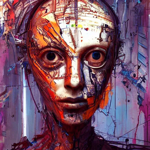 Image similar to human 3 d by pantokrator, woman head made of mech mask rendered in unreal engine, cyberpunk, dark, scifi, painted by david burliuk | bernard buffet | carne griffiths | stanislaw lem