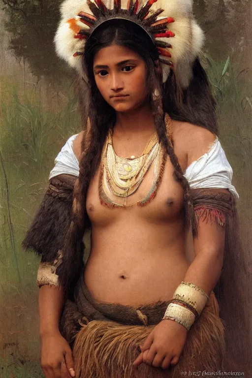 Image similar to a portrait of a beautiful tribal princess with bear headdress, overcast lighting, highly detailed, sharp focus, gritty texture, Bouguereau