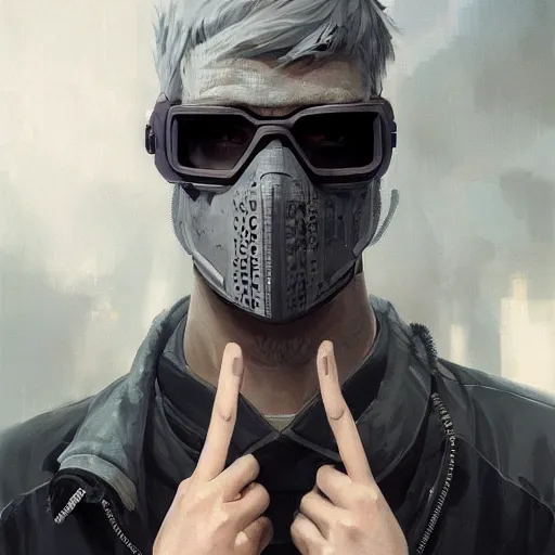 Image similar to very cool man grey hair with mask, streetwear, techwear, cyberpunk style outfit, full body, nose piercing, detailed portrait, intricate complexity, by greg rutkowski, cushart krentz, artgerm, ross tran, conrad roset, takato yomamoto, ilya kuvshinov. 4 k, beautiful, cinematic dramatic atmosphere, portrait lighting