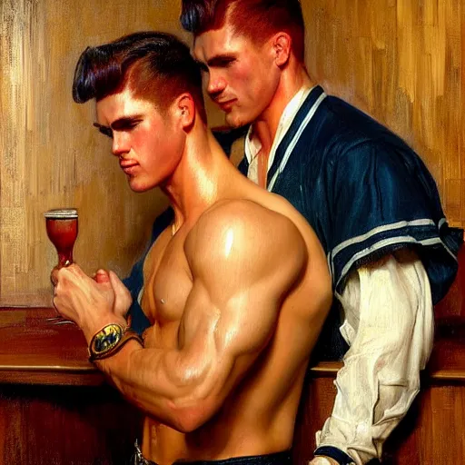 Image similar to attractive muscular male with red hair and muscular attractive male with black hair, drinking their hearts out, in a pub. very defined and highly detailed painting by j. c. leyendecker, gaston bussiere, craig mullins 8 k