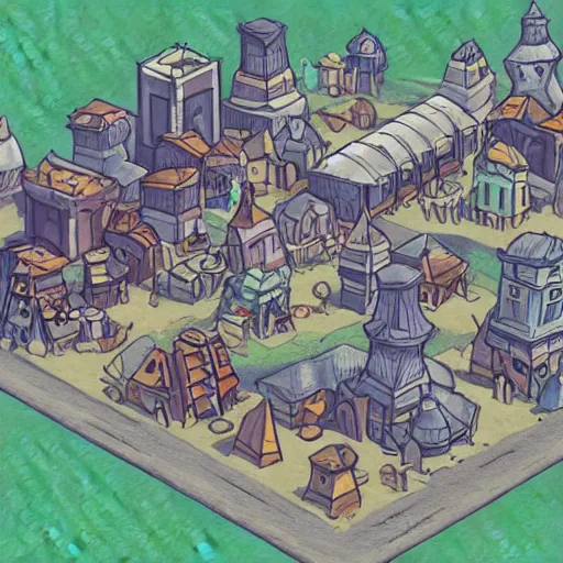 Prompt: a drawing of a little town from the game d & d, artstation, 3 d isometric, highly detailed