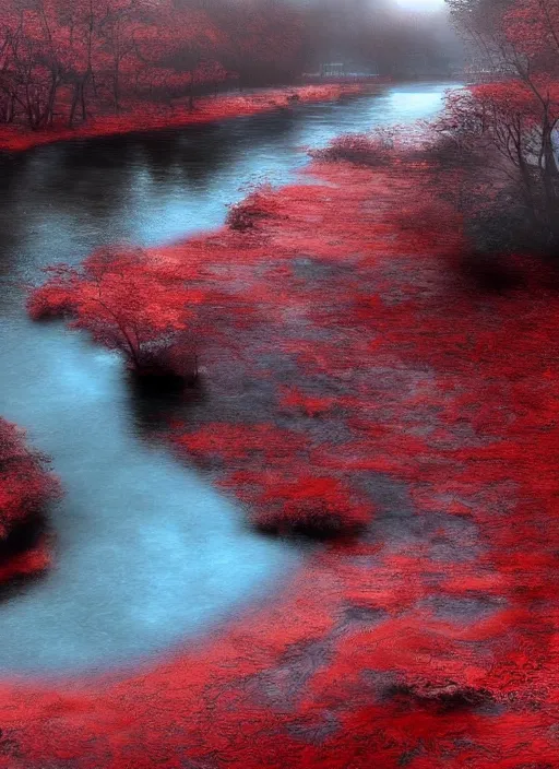 Image similar to dead river, red color, highly detailed, 8 k, artstation, beutifull, masterpiece