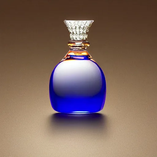 Prompt: A beautiful perfume bottle designed by a master glass and jewelry designer. Created by nanotechnology. Utopia theme. Cobalt, Sapphire, Ruby, Topaz, diamond