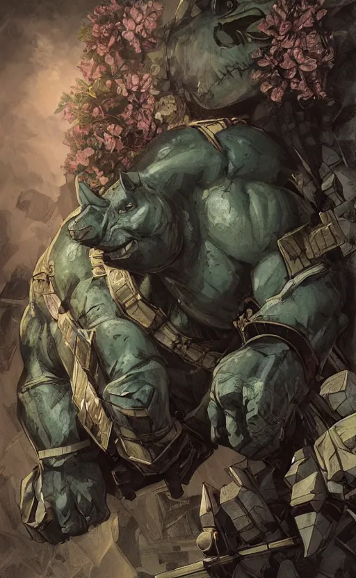 Image similar to rocksteady from tmnt, rhino, rugged, handsome, male, detailed face, clean lines, atmospheric lighting, amazing, full body, thighs, flowers, muscular, intricate, highly detailed, digital painting, deviantart, concept art, sharp focus, illustration, art by greg rutkowski and alphonse mucha