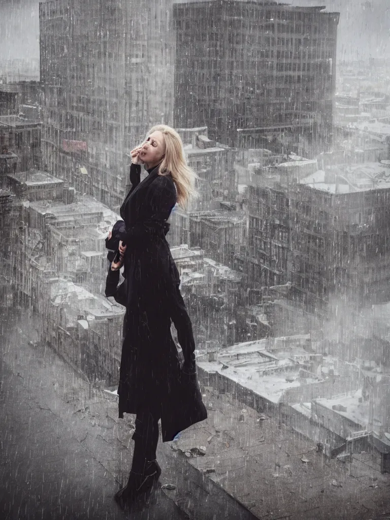 Image similar to cute model annie leonhart posing in dunwall city on building roof, beautiful face, detailed face, realistic eyes, cinematic lighting, rainy weather, melancholy atmosphere, volumetric light, gothic architecture, realistic reflections, model agency, instagram photo, depression atmosphere, shot on sony a 6 4 0 0 camera, beauty filter, postprocessing