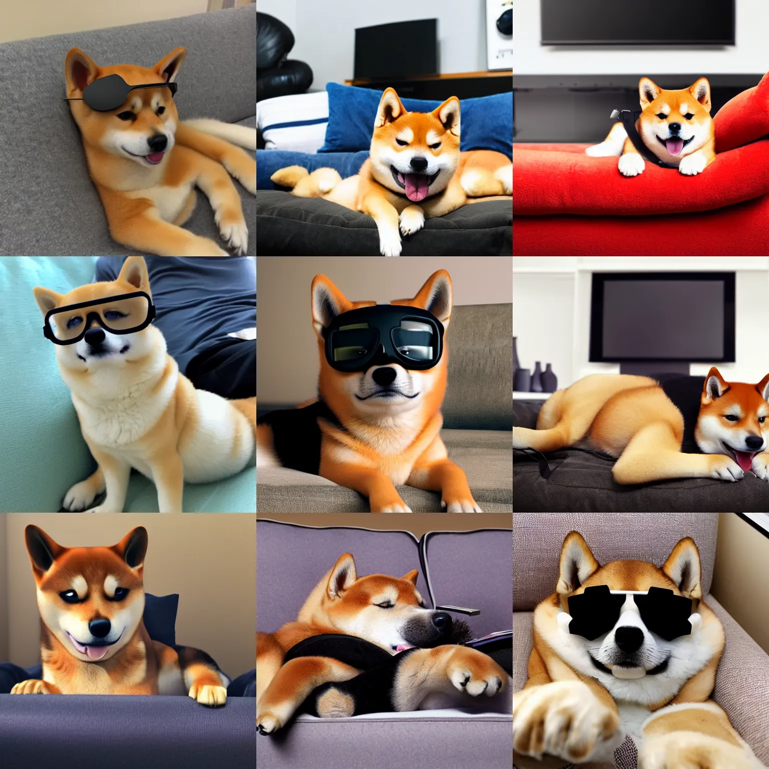 Prompt: shiba inu lying in a lazy boy sofa watching movie with 3 d glasses