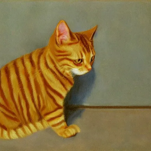 Image similar to Edward Hopper portrait of a ginger tabby cat wearing a beautiful outfit