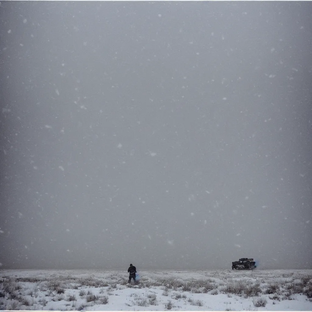 Image similar to photo of shiprock, new mexico during a snowstorm. a mark iv tank is in the distance, looking back over his shoulder. cold color temperature, snow storm. hazy atmosphere. humidity haze. kodak ektachrome, greenish expired film, award winning, low contrast,