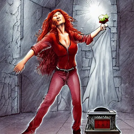 Prompt: Tori Amos clumsily knocks a single red rose from the top of a funerary urn, releasing an angry wraith from inside the urn. The urn is on the floor, the rose is falling. Dramatic digital art illustration in comic book style by Simon Bisley