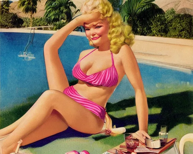 Image similar to tuesday weld in a pink bikini lounging next to a palm springs midcentury swimming pool by gil elvgren and earl norem