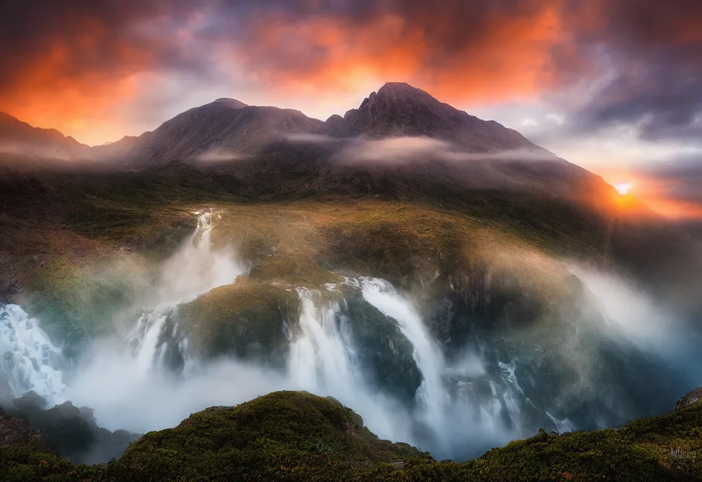 Image similar to photo of epic mountain landscape, waterfall, sunset, cinematic, cinematic, art by michael shainblum, low clouds