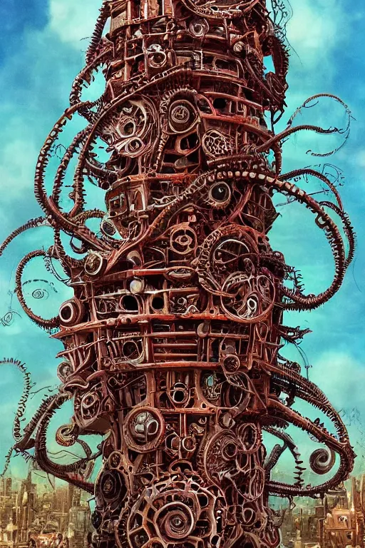 Image similar to lovecraftian biomechanical machine tower with fleshy tendrils, giant eyeball at top!, overlooking dystopian wasteland, highly detailed, colorful with red hues