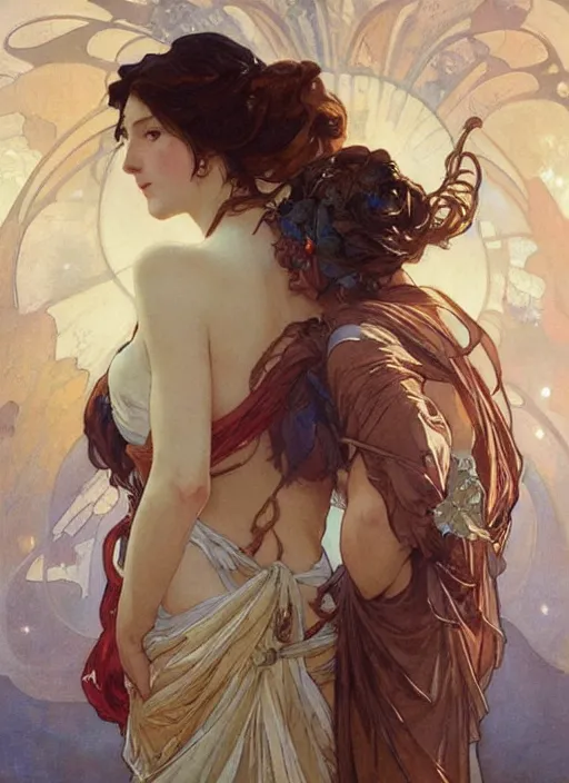 Prompt: romance. painting by artgerm and greg rutkowski and alphonse mucha.