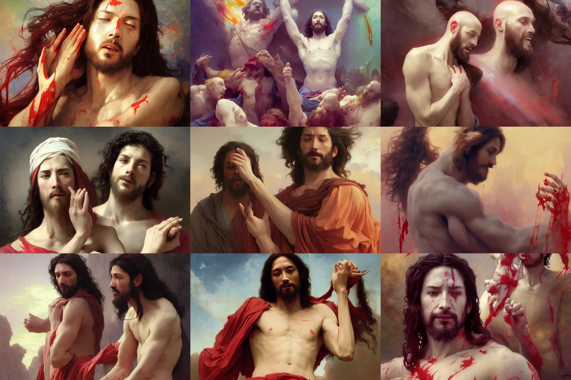 Prompt: Vibrant depiction of Jesus Shedding blood and flesh To forgive humans illustration by Ruan Jia and Mandy Jurgens and William-Adolphe Bouguereau, Artgerm, 4k, digital art, surreal, space dandy style, highly detailed, godsend, artstation, digital painting, concept art, smooth, sharp focus, illustration by Ruan Jia and Mandy Jurgens and William-Adolphe Bouguereau