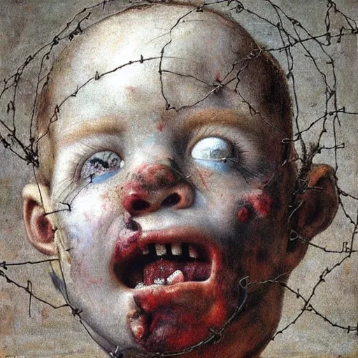 Image similar to a boy made of barbed wire looking into camera, screaming in pain, by giuseppe arcimboldo and ambrosius benson, renaissance, intricate and intense oil paint, a touch of beksinski and hr giger and edward munch, realistic