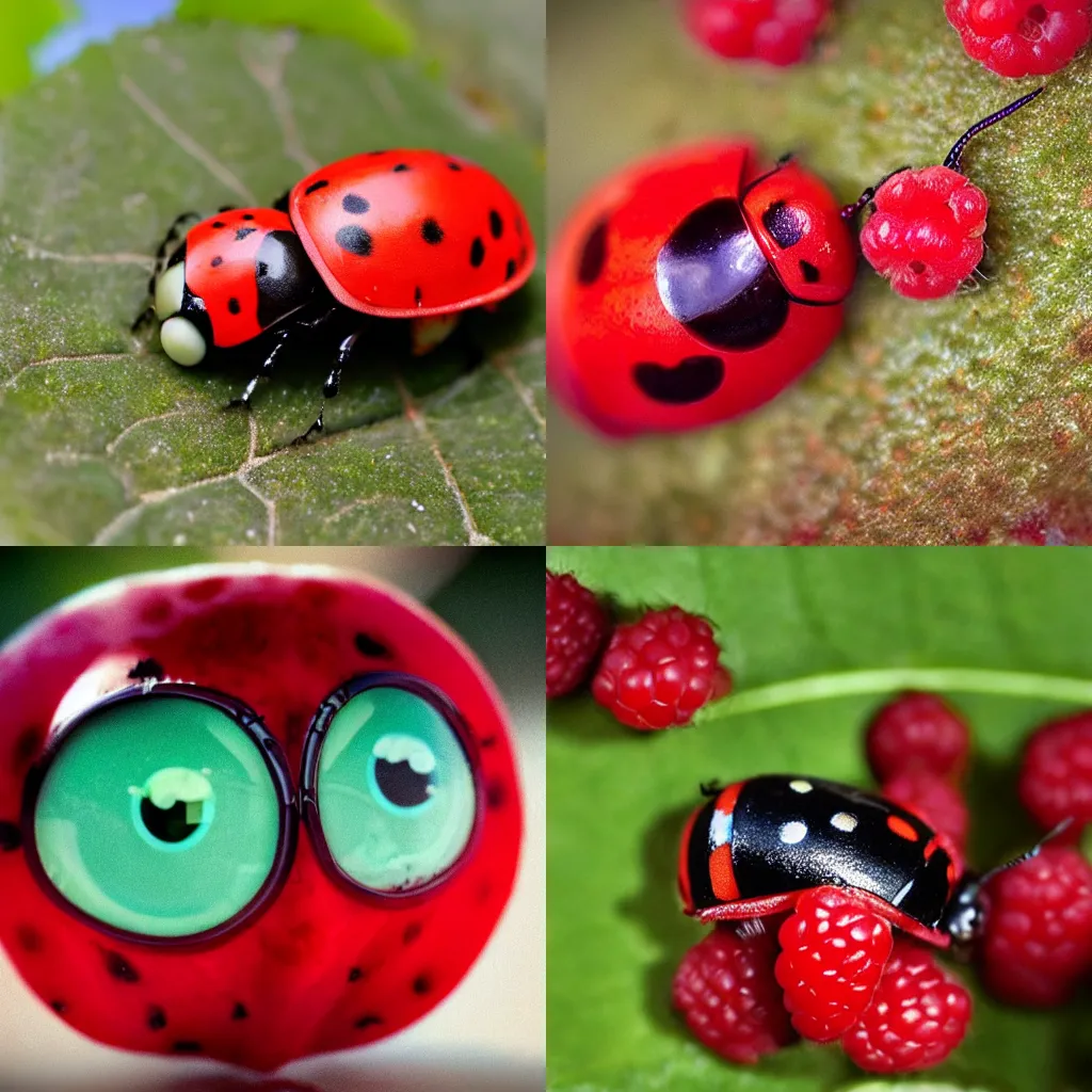 Prompt: a ladybug, raspberry fusion. Large Googly eyes. Hyper realistic. 8k. Award winning photography.