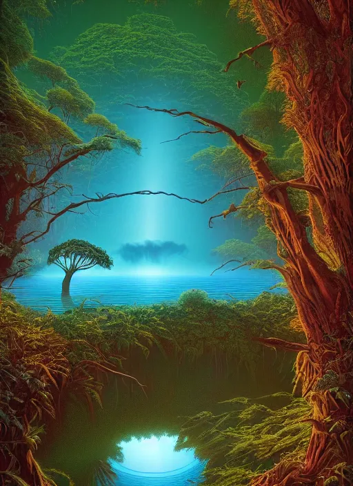 Prompt: breathtakingly beautiful ultrawide angle colour masterpiece dream by roger dean and greg hildebrandt and kilian eng and jean giraud and beeple, forest clearing, lake, reflection, symmetry, secret overgrown temple, mysterious person looking over shoulder, incredible sense of depth and perspective and clarity, arch, weird abstract, 8 k