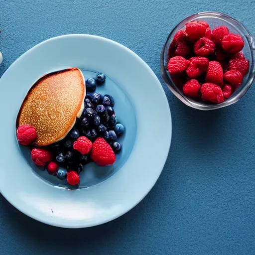 Image similar to a stack of pancakes, berries, blue painted wall, a portrait of a young lady, a bowl of sugar