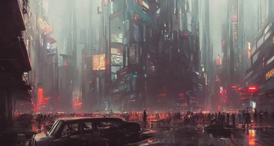 Image similar to very detailed masterpiece painting of a busy cyberpunk city street, portrait, artstation, concept art by greg rutkowski