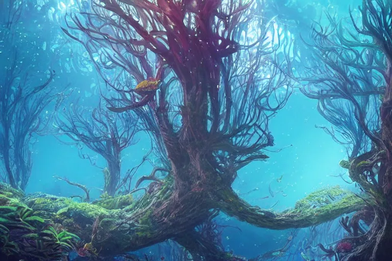 Prompt: Fantastical underwater forest by Eywind Earle and Moebius, trending on artstation