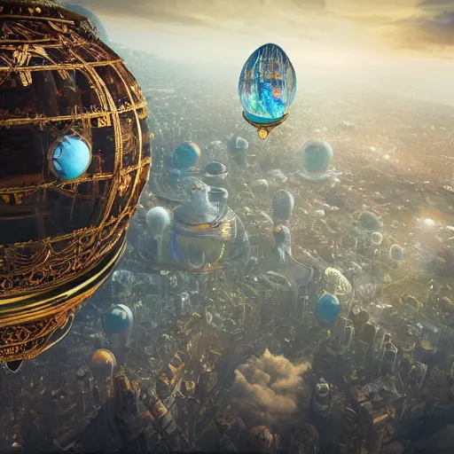 Prompt: enormous flying city in a gigantic faberge egg, sky, steampunk, flying islands, fantasy art, octane render