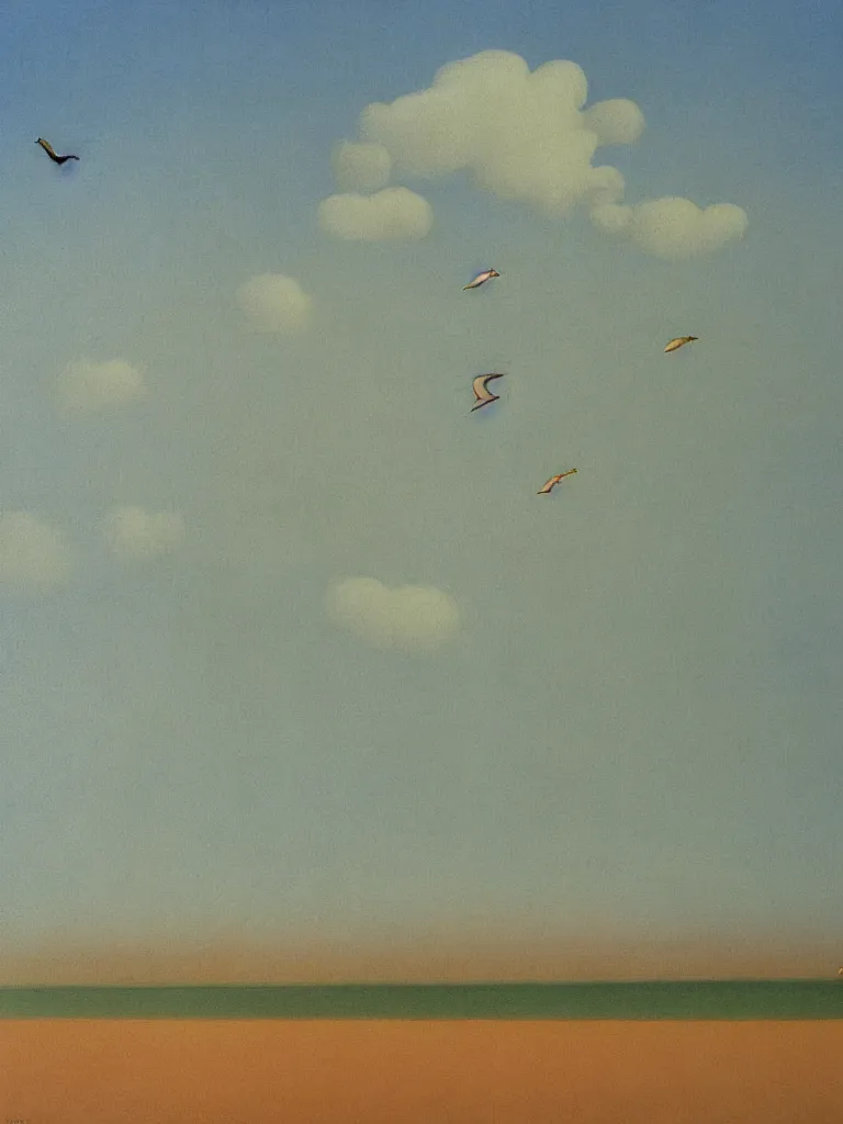 Prompt: a neo retro poster of bassin d'arcachon lac, with a sand dune in the background ( ( ( with 3 birds in the sky ) ) ), australian tonalism, pale gradients design, matte drawing, clean and simple design, outrun color palette. painted by morandi, agnes pelton