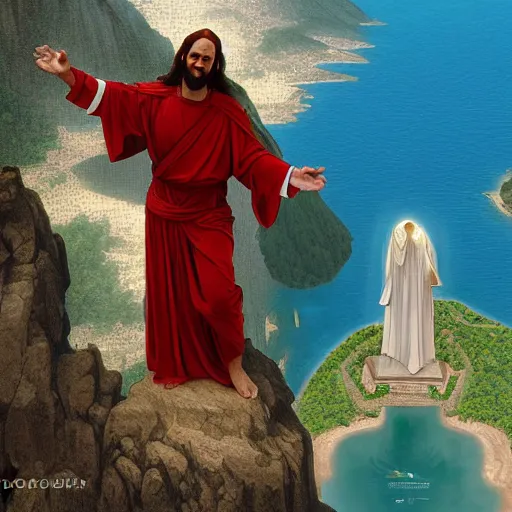 Image similar to buddy christ from dogma dressed as christ the redeemer pointing both fingers in at rio de janeiro, vied from above and behind, dynamic composition, dramatic lighting, trending on artstation, award winning art, stylized painting, ultrawide lens, aerial photography, rio de janeiro, 4 k, art by william bouguereau, alphonse mucha, greg rutkowski,