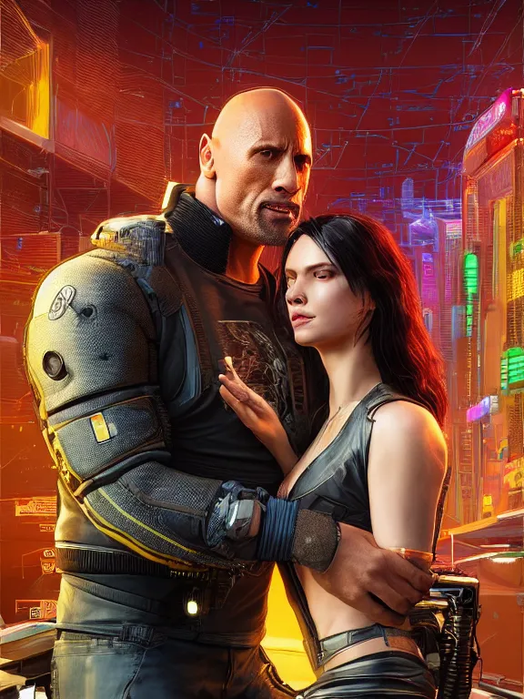 Image similar to a cyberpunk 2077 wedding portrait of Dwayne Johnson and a female android,complex mess of cables and wires behind them connected to giant computer,film lighting,by laurie greasley,Lawrence Alma-Tadema,William Morris,Dan Mumford, trending on atrstation,full of color,face enhance, highly detailed,8K, octane,golden ratio,cinematic lighting